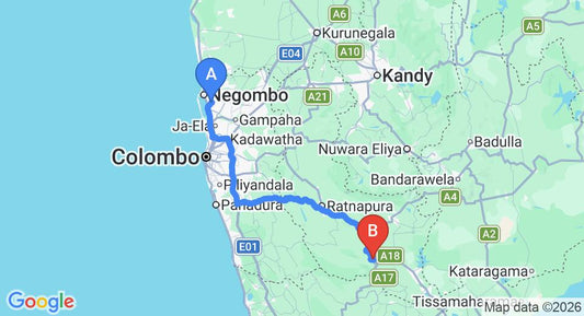 Driving route map: Colombo Airport (CMB) to Rakwana (168 km, approx 3 h 55 min private transfer)