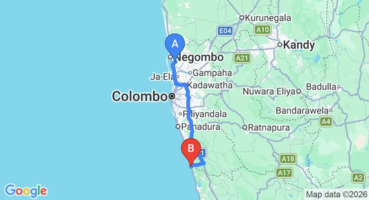 Driving route map: Colombo Airport (CMB) to Villa Republic, Bentota (107 km, approx 1 h 38 min private transfer)