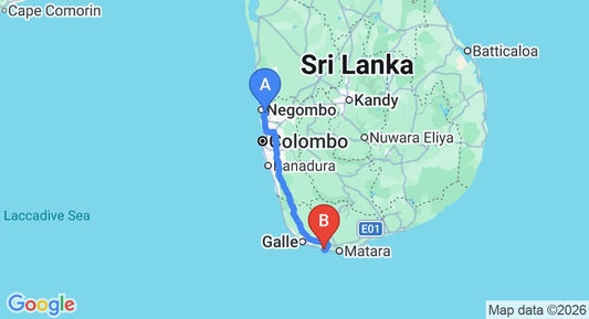 Driving route map: Colombo Airport (CMB) to Cape Weligama, Weligama (175 km, approx 2 h 31 min private transfer)