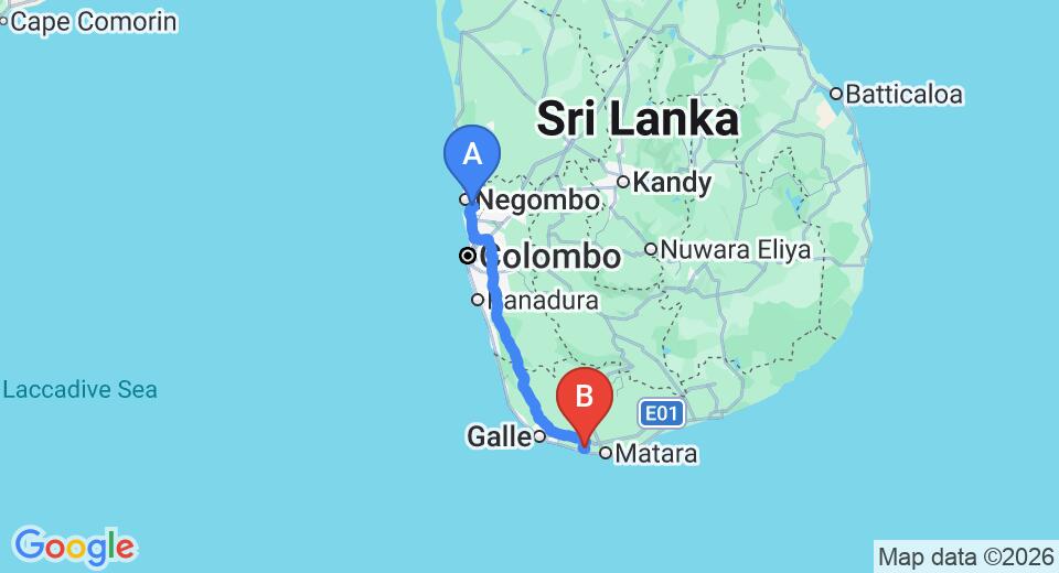 Driving route map: Colombo Airport (CMB) to Elephant Stables Weligama Bay, Weligama (172 km, approx 2 h 25 min private transfer)