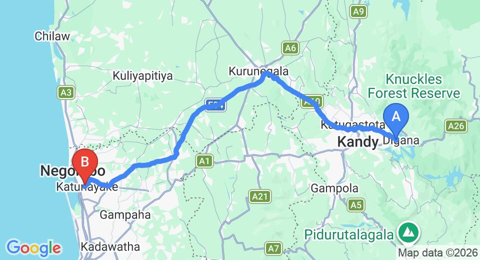 Driving route map: Digana to Colombo Airport (CMB) (125 km, approx 3 h 8 min private transfer)