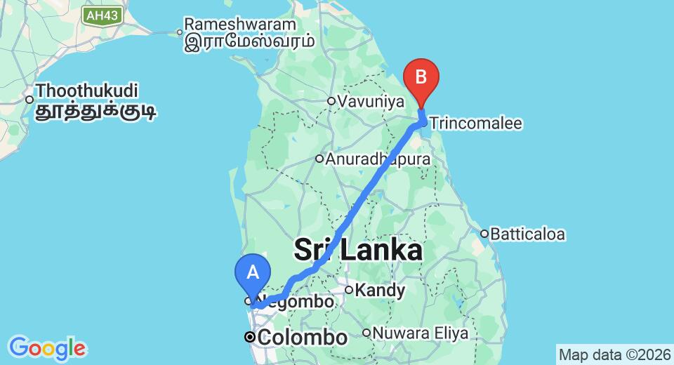 Driving route map: Colombo Airport (CMB) to Pearl Of Ocean Front, Trincomalee (247 km, approx 5 h 5 min private transfer)