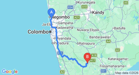 Driving route map: Colombo Airport (CMB) to Natural Mystic Sanctuary, Deniyaya (183 km, approx 3 h 43 min private transfer)