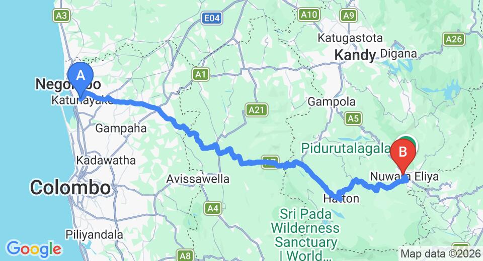 Driving route map: Colombo Airport (CMB) to Colonial Holiday Bungalow Senani, Nuwara Eliya (153 km, approx 4 h 43 min private transfer)