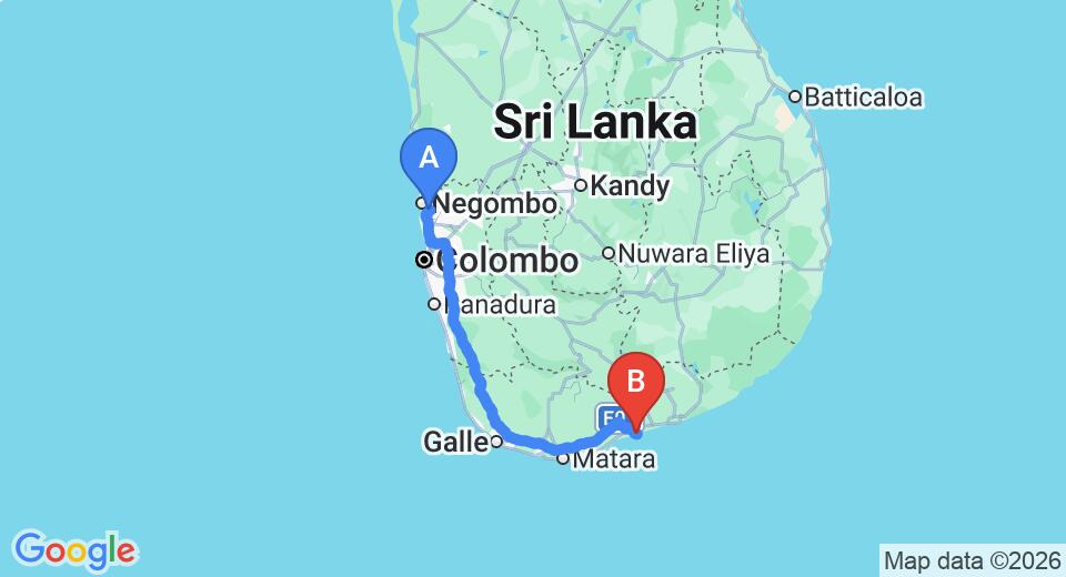 Driving route map: Colombo Airport (CMB) to Nature Lanka Health Resort, Tangalle (227 km, approx 3 h 5 min private transfer)