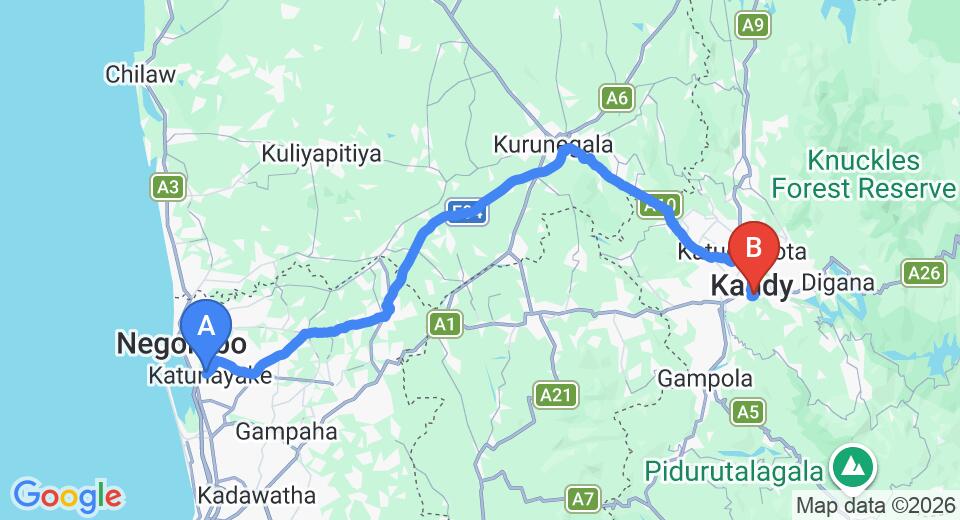 Driving route map: Colombo Airport (CMB) to Bee View Home Stay, Kandy (117 km, approx 3 h 1 min private transfer)