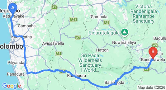 Driving route map: Colombo Airport (CMB) to The Dutch House, Bandarawela (221 km, approx 5 h 26 min private transfer)