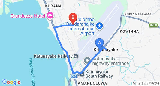 Driving route map: Colombo Airport (CMB) to Katunayake Air Force Camp (7 km, approx 19 min private transfer)