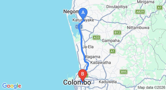 Driving route map: Colombo Airport (CMB) to Colombo 5 (31 km, approx 38 min private transfer)