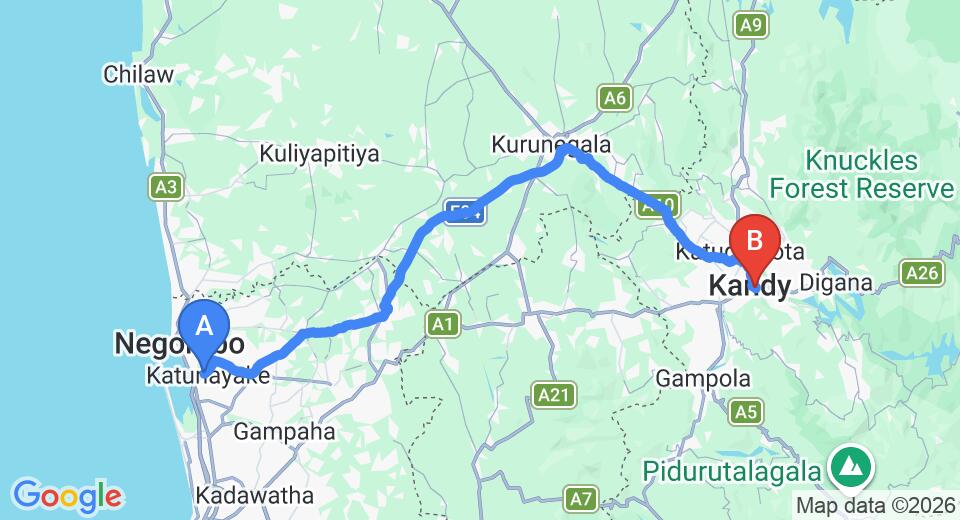 Driving route map: Colombo Airport (CMB) to Eagle's Residence, Kandy (115 km, approx 2 h 54 min private transfer)