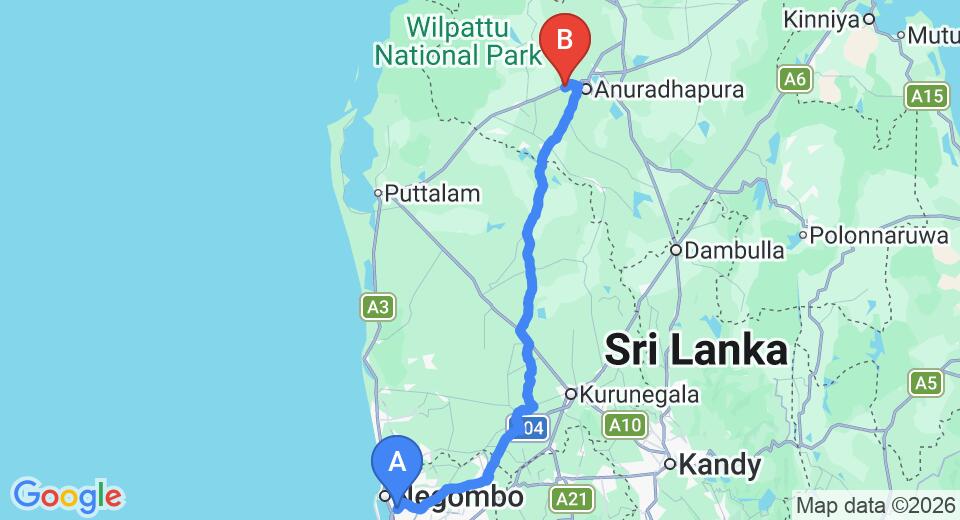 Driving route map: Colombo Airport (CMB) to Palm Garden Village Hotel, Anuradhapura (175 km, approx 3 h 45 min private transfer)