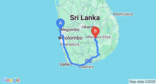 Driving route map: Colombo Airport (CMB) to Ella Resort Nine Skies, Ella (343 km, approx 5 h 16 min private transfer)