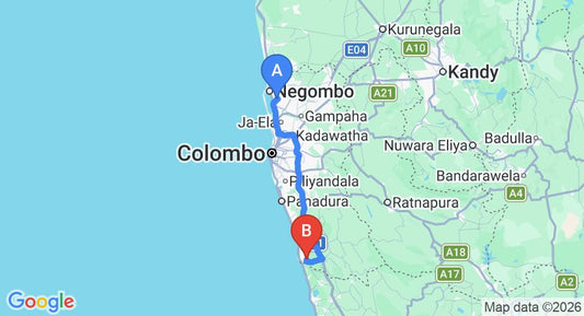 Driving route map: Colombo Airport (CMB) to Villa SriPali, Bentota (105 km, approx 1 h 35 min private transfer)
