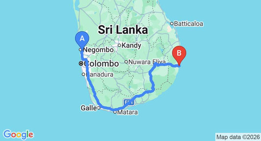 Driving route map: Colombo Airport (CMB) to Jetwing Surf, Arugam Bay (416 km, approx 6 h 24 min private transfer)