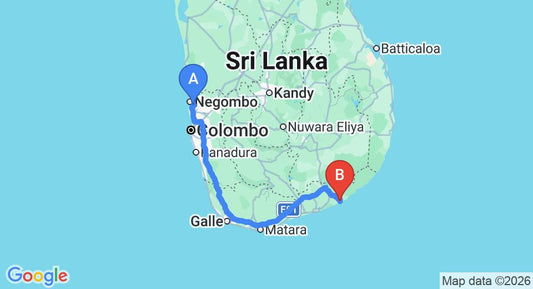 Driving route map: Colombo Airport (CMB) to Elephant Reach Yala, Tissamaharama (288 km, approx 3 h 57 min private transfer)