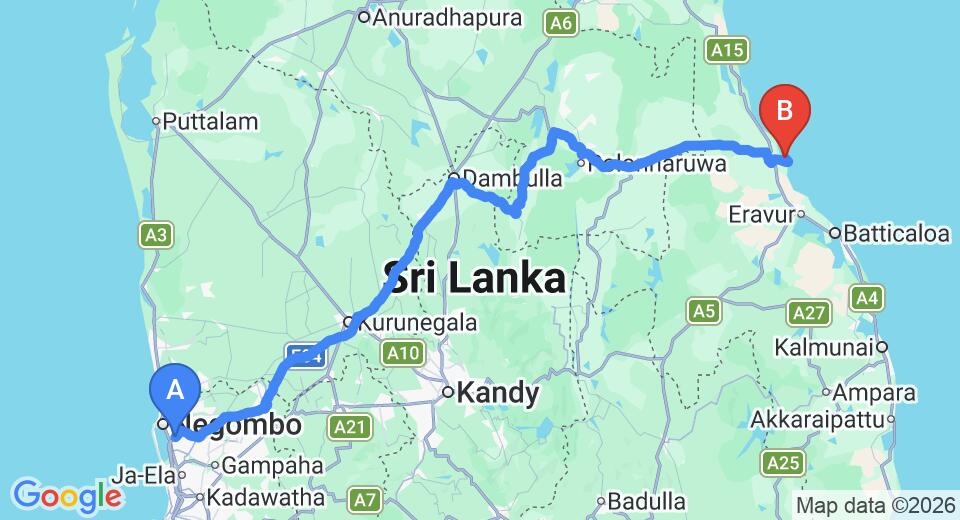 Driving route map: Colombo Airport (CMB) to The Calm Resort and Spa, pasikuda (268 km, approx 5 h 29 min private transfer)