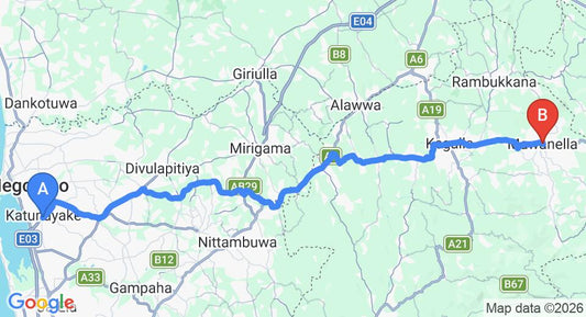 Driving route map: Colombo Airport (CMB) to Mawanella (79 km, approx 2 h 13 min private transfer)