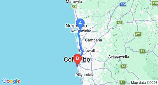 Driving route map: Colombo Airport (CMB) to Nene, Wellawatte (39 km, approx 58 min private transfer)