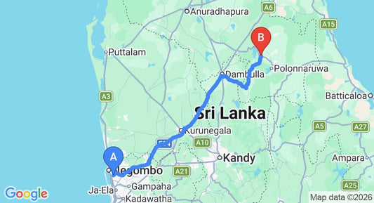 Driving route map: Colombo Airport (CMB) to Giritale Hotel, Giritale (184 km, approx 3 h 46 min private transfer)