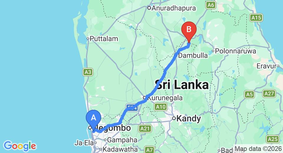 Driving route map: Colombo Airport (CMB) to Kuwera Eco Lodge, Sigiriya (151 km, approx 3 h 21 min private transfer)