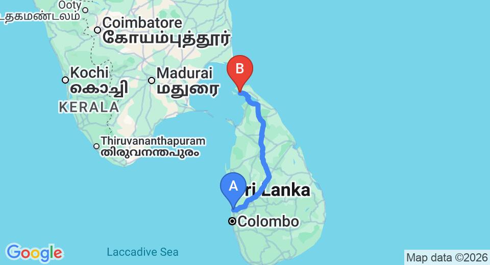 Driving route map: Colombo Airport (CMB) to Hotel Blue Whale, Jaffna (372 km, approx 7 h 14 min private transfer)