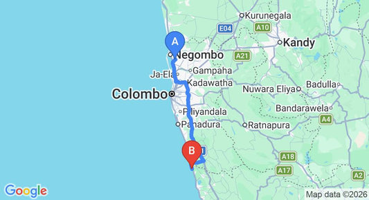 Driving route map: Colombo Airport (CMB) to Rockside Beach Resort, Bentota (111 km, approx 1 h 45 min private transfer)