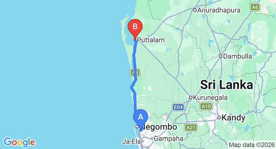 Driving route map: Colombo Airport (CMB) to Bethany 101, Puttalam (105 km, approx 2 h 37 min private transfer)