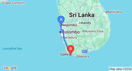 Driving route map: Colombo Airport (CMB) to Dalawella Beach Resort, Unawatuna (154 km, approx 2 h 11 min private transfer)