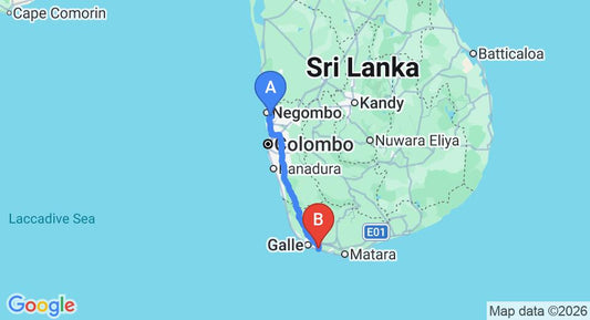 Driving route map: Colombo Airport (CMB) to Beachfront Villa, Habaraduwa (157 km, approx 2 h 19 min private transfer)