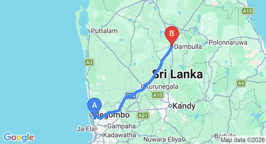 Driving route map: Colombo Airport (CMB) to Carolina Cottage, Dambulla (129 km, approx 2 h 47 min private transfer)