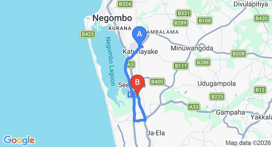Driving route map: Colombo Airport (CMB) to Ramada Katunayake, Katunayake (17 km, approx 24 min private transfer)
