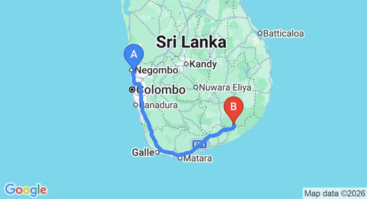 Driving route map: Colombo Airport (CMB) to Kataragama Safari Hotel, Kataragama (285 km, approx 3 h 46 min private transfer)