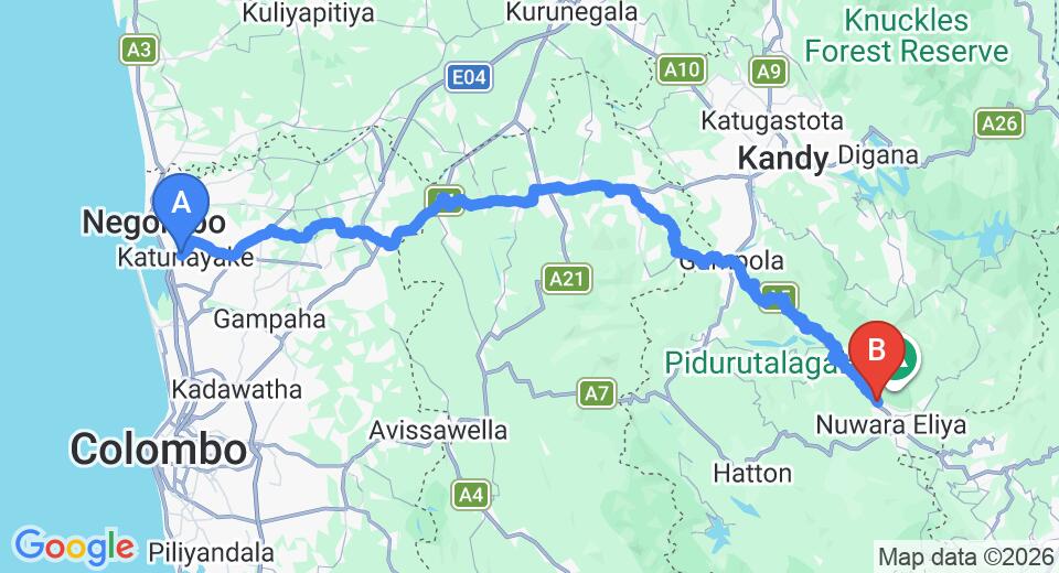 Driving route map: Colombo Airport (CMB) to Tinithi Villa, Nuwara Eliya (155 km, approx 4 h 46 min private transfer)