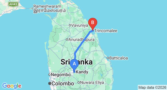 Driving route map: Kandy to Trincomalee (178 km, approx 4 h 2 min private transfer)