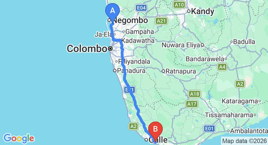 Driving route map: Colombo Airport (CMB) to Sri Mathie Villa, Habaraduwa (156 km, approx 2 h 17 min private transfer)