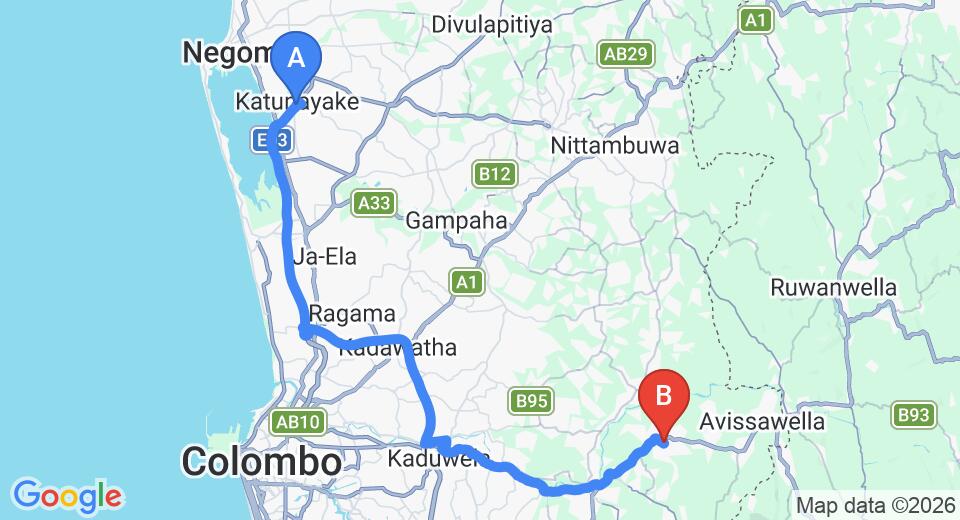 Driving route map: Colombo Airport (CMB) to Saffron Villa, Kosgama (60 km, approx 1 h 20 min private transfer)