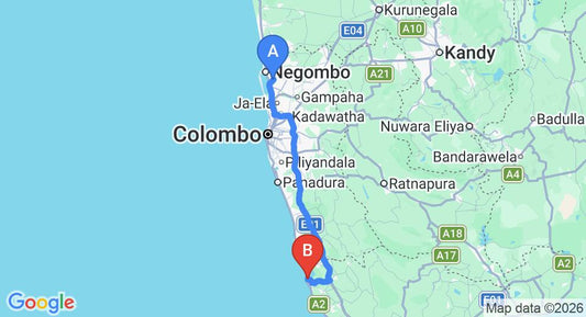 Driving route map: Colombo Airport (CMB) to Balapitiya (131 km, approx 2 h 0 min private transfer)