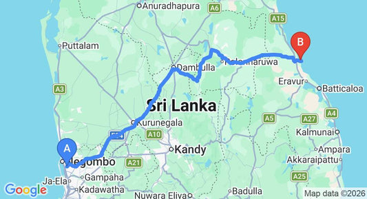 Driving route map: Colombo Airport (CMB) to Sunrise Hotel, Pasikuda (267 km, approx 5 h 29 min private transfer)