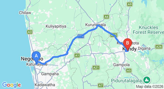 Driving route map: Colombo Airport (CMB) to 360° Residence, Kandy (114 km, approx 2 h 52 min private transfer)