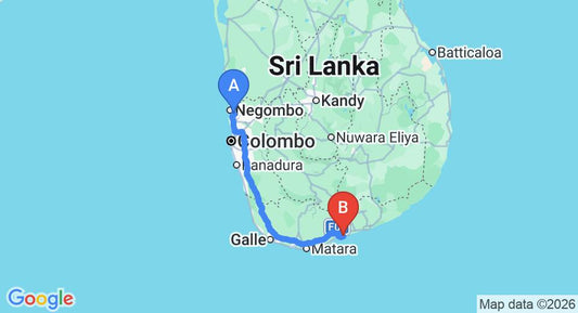Driving route map: Colombo Airport (CMB) to Golden Coconut Cabanas, Tangalle (223 km, approx 3 h 5 min private transfer)