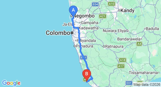 Driving route map: Colombo Airport (CMB) to Neela's Guest House and Beach Restaurant, Hikkaduwa (144 km, approx 2 h 9 min private transfer)