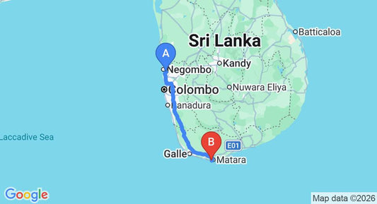Driving route map: Colombo Airport (CMB) to Skye House, Matara (184 km, approx 2 h 34 min private transfer)