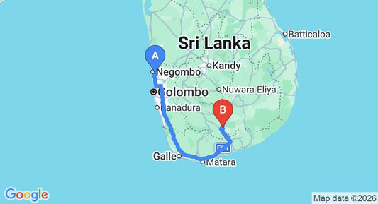 Driving route map: Colombo Airport (CMB) to Selara River Hide Out, Udawalawe (260 km, approx 3 h 39 min private transfer)