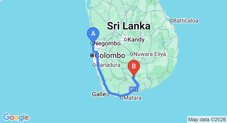 Driving route map: Colombo Airport (CMB) to Mahoora - Udawalawe, Udawalawe (260 km, approx 3 h 39 min private transfer)