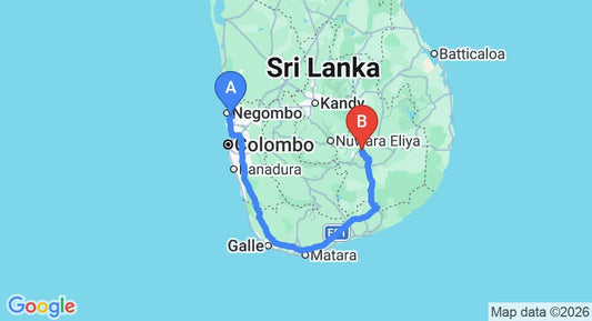 Driving route map: Colombo Airport (CMB) to AURORA VILLA haputale srilanka, Ella (335 km, approx 4 h 56 min private transfer)