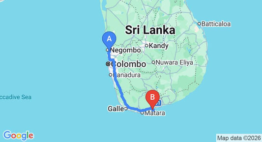 Driving route map: Colombo Airport (CMB) to Kadju House, Tangalle (213 km, approx 2 h 54 min private transfer)