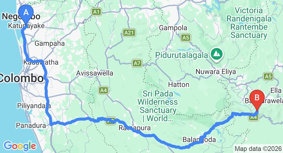 Driving route map: Colombo Airport (CMB) to Viharagala Estate Bungalow, Haputale (210 km, approx 5 h 6 min private transfer)