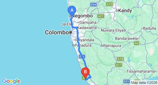 Driving route map: Colombo Airport (CMB) to Curry Bowl Guest House and Restaurant, Hikkaduwa (142 km, approx 2 h 5 min private transfer)