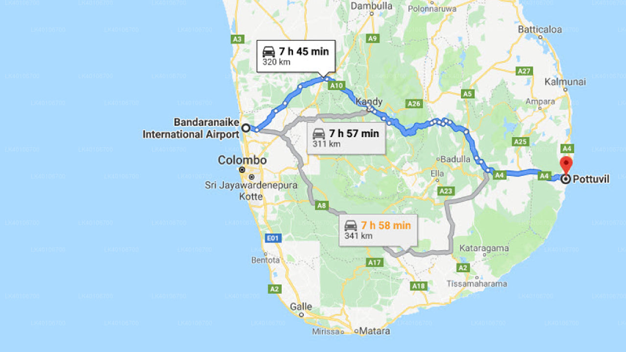 Colombo Airport (CMB) to Pottuvil City Private Transfer