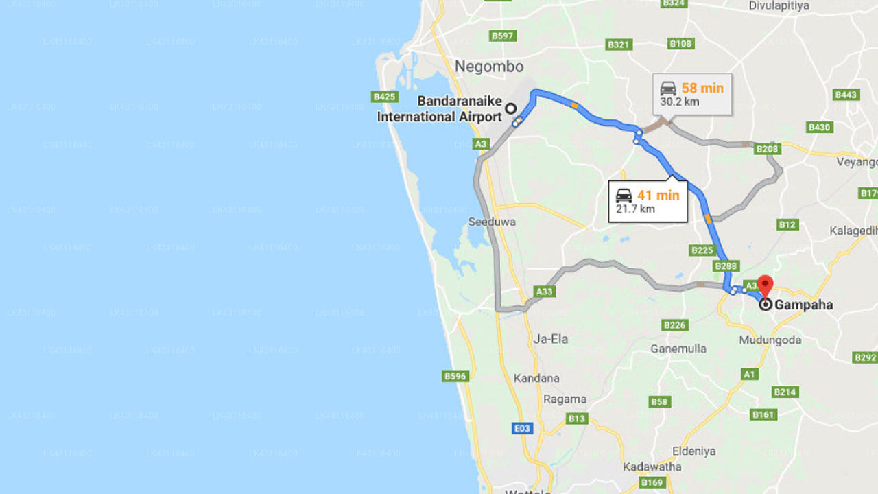 Transfer between Colombo Airport (CMB) and Silver Ring Village Hotel, Gampaha